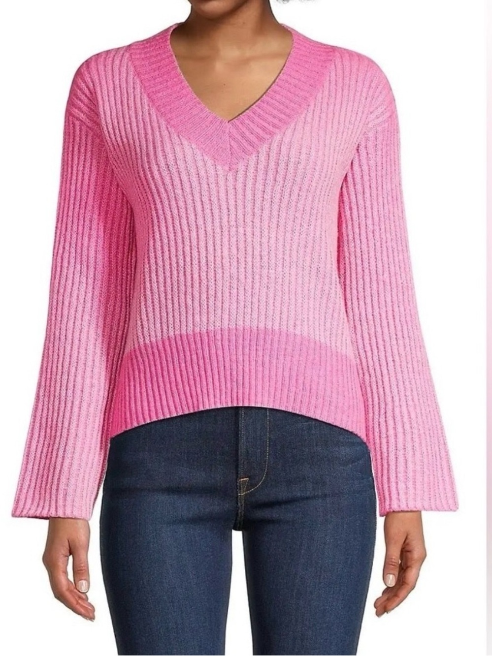 Apparis Two-Tone Pink V-Neck Ribbed Sweater - Picture 2 of 5
